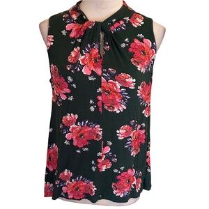 Elegant Floral Sleeveless Blouse - Dark Green and Pink